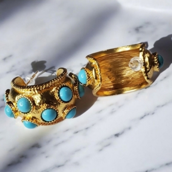 Chunky Oversized Matte Gold Byzantine Turquoise Cabochon Hoop Earrings - Picture 4 of 6